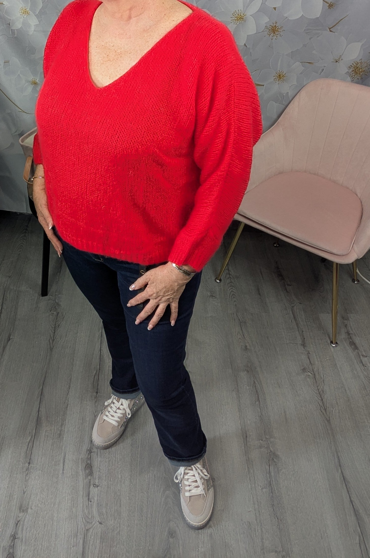 PULL ROUGE MOHAIRE AVEC COEUR TON SUR TON EN PILOU PILOU